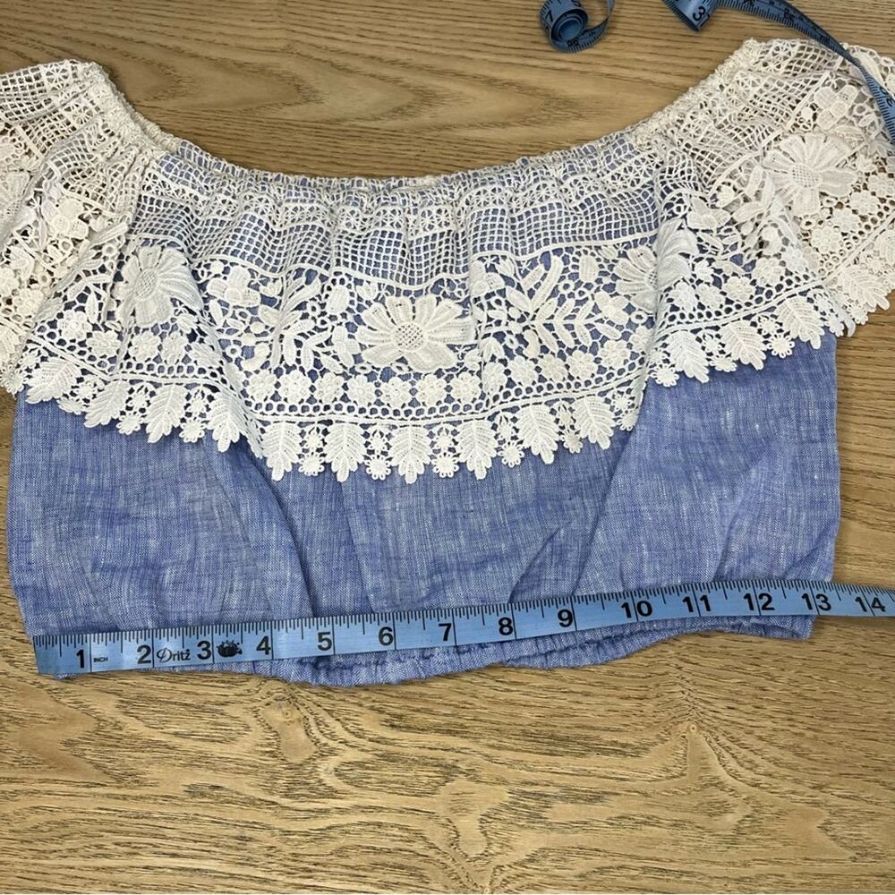 Miguelina Dakota Chambray Lace Crochet Off The Shoulder Crop Top Blue Size Small - Picture 6 of 8